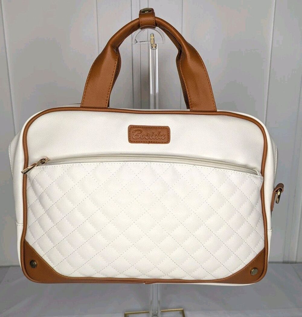 14 inch Laptop Bag/Work Bag - Quilted White with Brown Trim